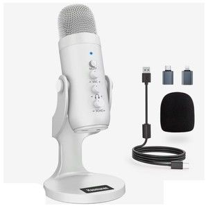 Professional White USB Condenser Microphone Studio Recording Mic for PC Computer